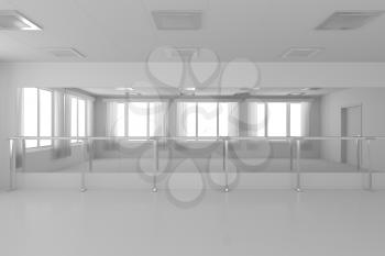White empty training dance-hall with white flat walls without textures, white parquet floor, white ceiling with lamps and window with white curtains, 3D illustration