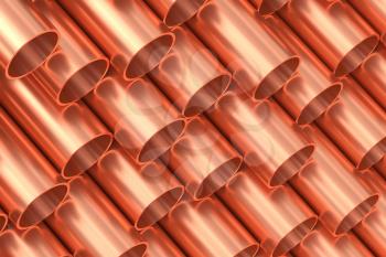 Heavy metallurgical industry production and non-ferrous industrial products creative abstract illustration: many stainless metal shiny copper pipes lying in rows, creative industrial background