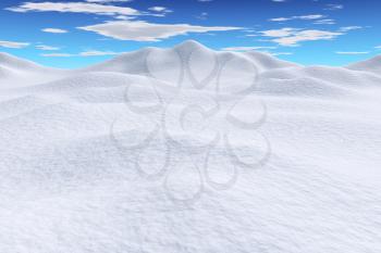 White snow hills and smooth snow surface under bright clear winter blue sky with clouds, winter snowy 3d illustration landscape