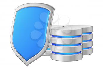 Databases group behind metal blue shield on left protected from unauthorized access, data privacy concept, 3d illustration icon isolated on white background for Data Protection Day
