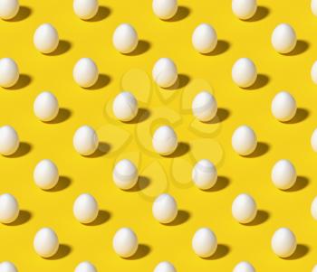 White eggs on bright yellow isometric seamless minimalistic background. Minimal food concept still life pattern. 3D illustration