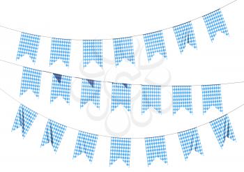 Oktoberfest party flags garlands buntings of Bavarian checkered blue flag with blue-white checkered pattern, Oktoberfest traditional festival decorations isolated on white background, 3D illustration.