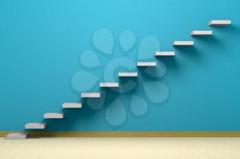 Empty room with ascending stairs, blue rough wall, beige floor and plinth