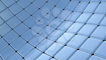 Simple flat curved surface made of blue metal shiny cubes, abstract blue graphic background, 3D illustration for different conceptual graphic design projects