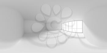 HDRI environment map of empty white office room with empty space and sun light from large window, white colorless 360 degrees spherical panorama background 3d illustration