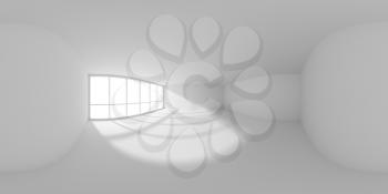 HDRI environment map of white empty business office room with empty space and sun light from large window, white colorless 360 degrees spherical panorama background 3d illustration