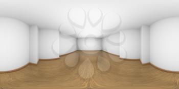 White empty room with walls, brown hardwood parquet floor and soft light, with niche HDRI environment map, white minimalist 360 degrees spherical panorama interior background, 3d illustration