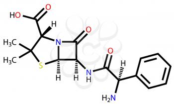 Structural formula of antibiotic ampicillin drawn on a white background