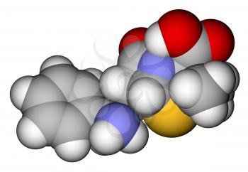 Optimized molecular structure of antibiotic ampicillin on a white background