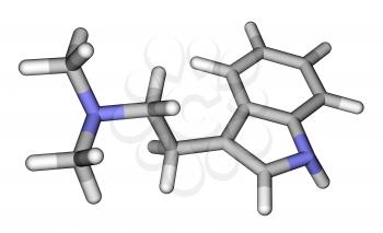 Optimized molecular structure of hallucinogen dimethyltryptamine on a white background