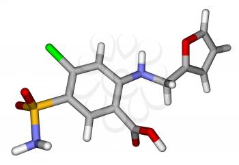 Optimized molecular model of furosemide on a white background