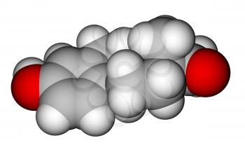 Optimized molecular structure of sex hormone estrone on a white background