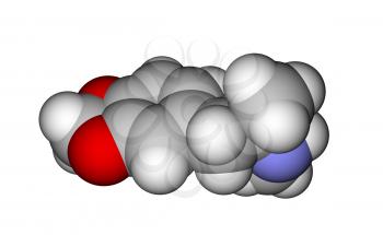 Calculated and optimized molecular structure of MDMA (3,4-Methylenedioxymethamphetamine or ecstasy; R-enantiomer) on a white background