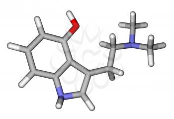 Optimized molecular structure of hallucinogen psilocin on a white background