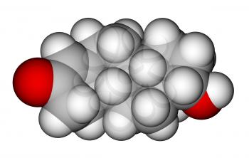 Optimized molecular structure of male hormone testosterone on a white background