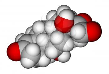 Optimized cortisol molecular model on a white background