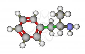 Calculated and optimized molecular structure of amphetamine (S-enantiomer) isolated on a white background