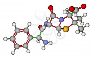 Optimized molecular structure of antibiotic ampicillin on a white background