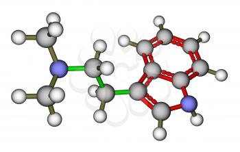 Optimized molecular structure of psychedelic dimethyltryptamine on a white background