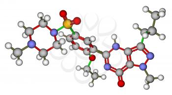 Optimized molecular structure of Viagra (sildenafil) on a white background