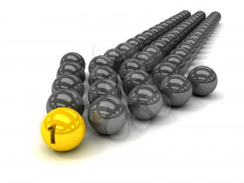 Grey arrow of the balls with the gold leader in front. Concept 3D illustration