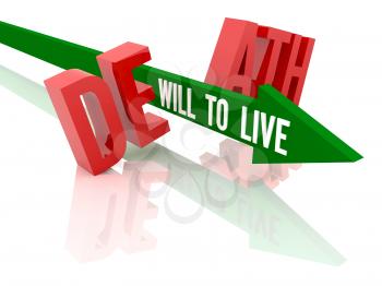 Arrow with phrase Will to Live breaks word Death. Concept 3D illustration.