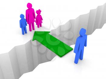 Bridge from man to woman with children. Family reunion. Concept 3D illustration.