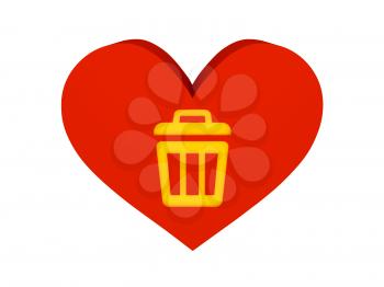 Big red heart with trash can symbol. Concept 3D illustration