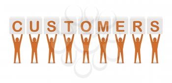 Men holding the word customers. Concept 3D illustration.