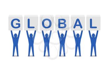 Men holding the word global. Concept 3D illustration.