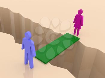 Man and woman split on sides, bridge through separation crack. Concept 3D illustration.