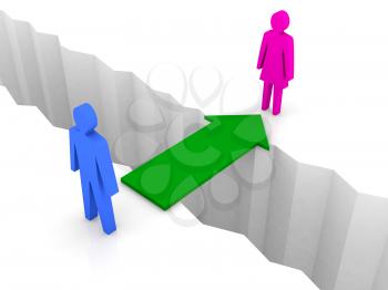 Bridge from man to woman through separation crack. Concept 3D illustration.