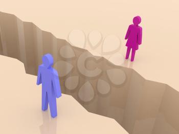 Man and woman split on sides, separation crack. Concept 3D illustration.