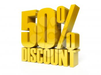 50 percent discount. Golden shiny text. Concept 3D illustration.