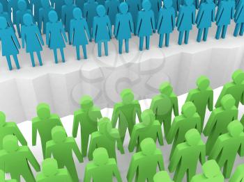 Men and women split on sides, separation crack. Concept 3D illustration.