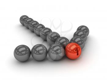 Grey arrow of the balls with the red leader in front. Concept 3D illustration