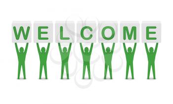 Men holding the word welcome. Concept 3D illustration.