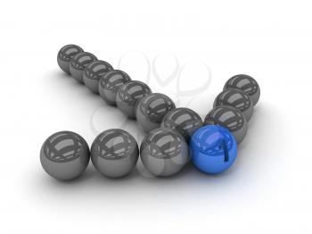 Grey arrow of the balls with the blue leader in front. Concept 3D illustration