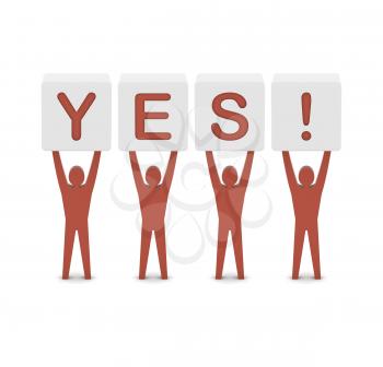 Men holding the word yes. Concept 3D illustration.