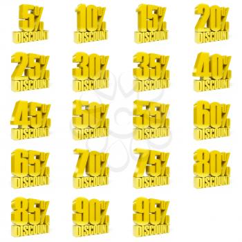 Set of percent discount. Gold on white background. Concept 3D illustration.