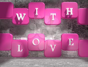 background relative to valentines day. With love text on pink and white boxes in empty concrete room. 3D rendering