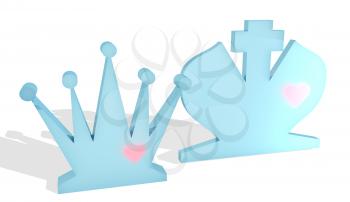 Chess figures. King and Queen. Family metaphor. Love theme. 3D rendering.