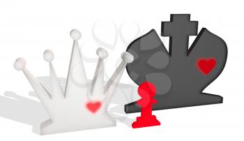 Chess figures. King and Queen with pawn child. Family metaphor. Love theme. 3D rendering.