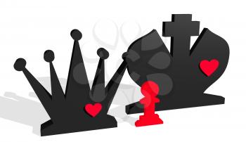 Chess figures. King and Queen with pawn child. Family metaphor. Love theme. 3D rendering.