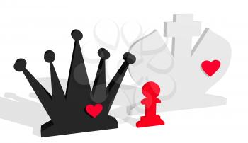 Chess figures. King and Queen with pawn child. Family metaphor. Love theme. 3D rendering.