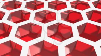 Perspective view on red and white honeycomb . 3D rendering backdrop