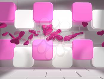 background relative to valentines day. Hearts icons between pink and white boxes in empty concrete room. 3D rendering