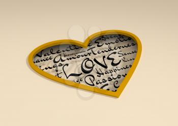 Love and heart. Heart shaped keyhole filled by words relative St. Valentines day. Image for greeting. Cutout silhouette of the heart,