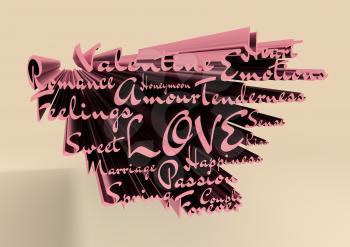 Love and heart. Heart shaped keyhole filled by words relative St. Valentines day. Image for greeting. Cutout silhouette of the heart,