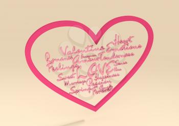 Love and heart. Heart shaped keyhole filled by words relative St. Valentines day. Image for greeting. Cutout silhouette of the heart,